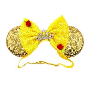 Disney Beauty & The Beast Belle Yellow Sequin Minnie Mouse Ears Elastic Headband